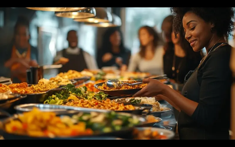 Línea de buffet con bandejas de carne, papa y ensalada en un evento en Bogotá