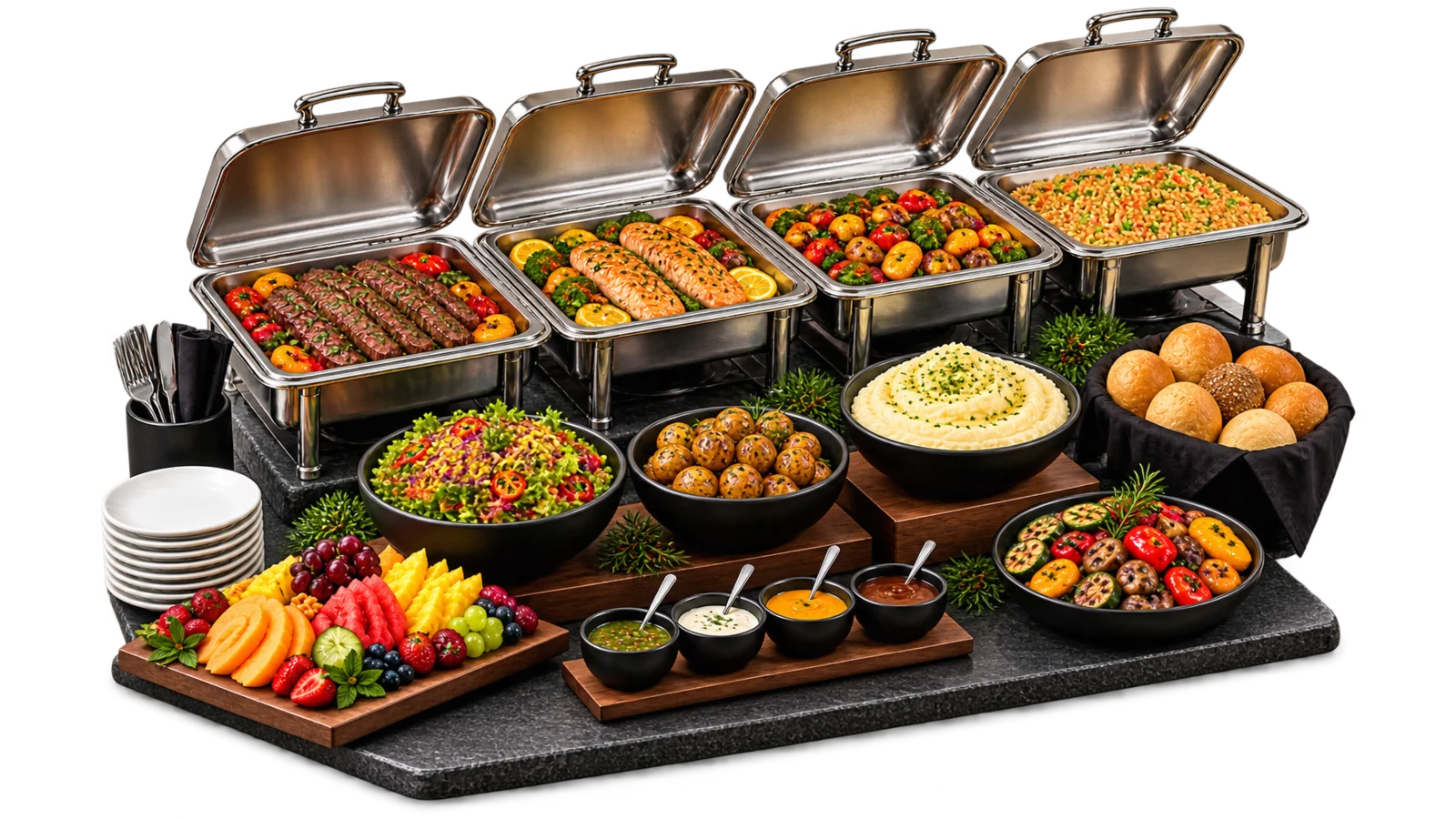 Montaje de buffet con cuatro samovares, ensaladas, guarniciones y fruta para un evento