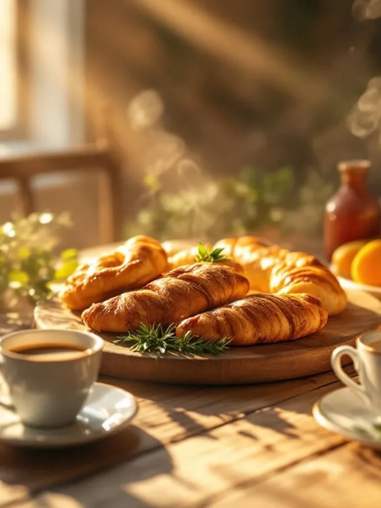Mesa de desayuno con panadería, fruta y bebidas calientes