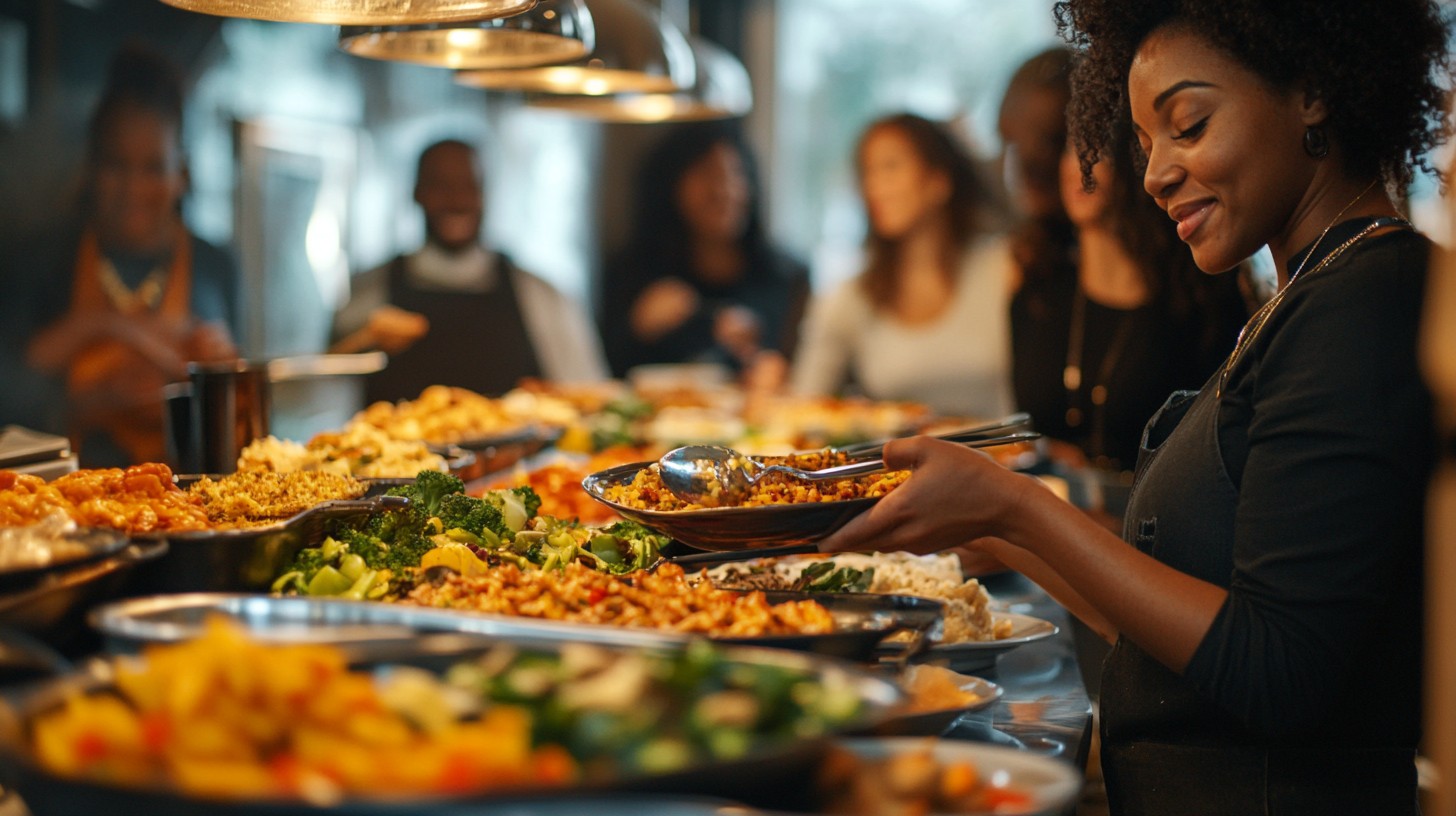 Buffet para matrimonio en Bogotá con mesa larga decorada y platos servidos