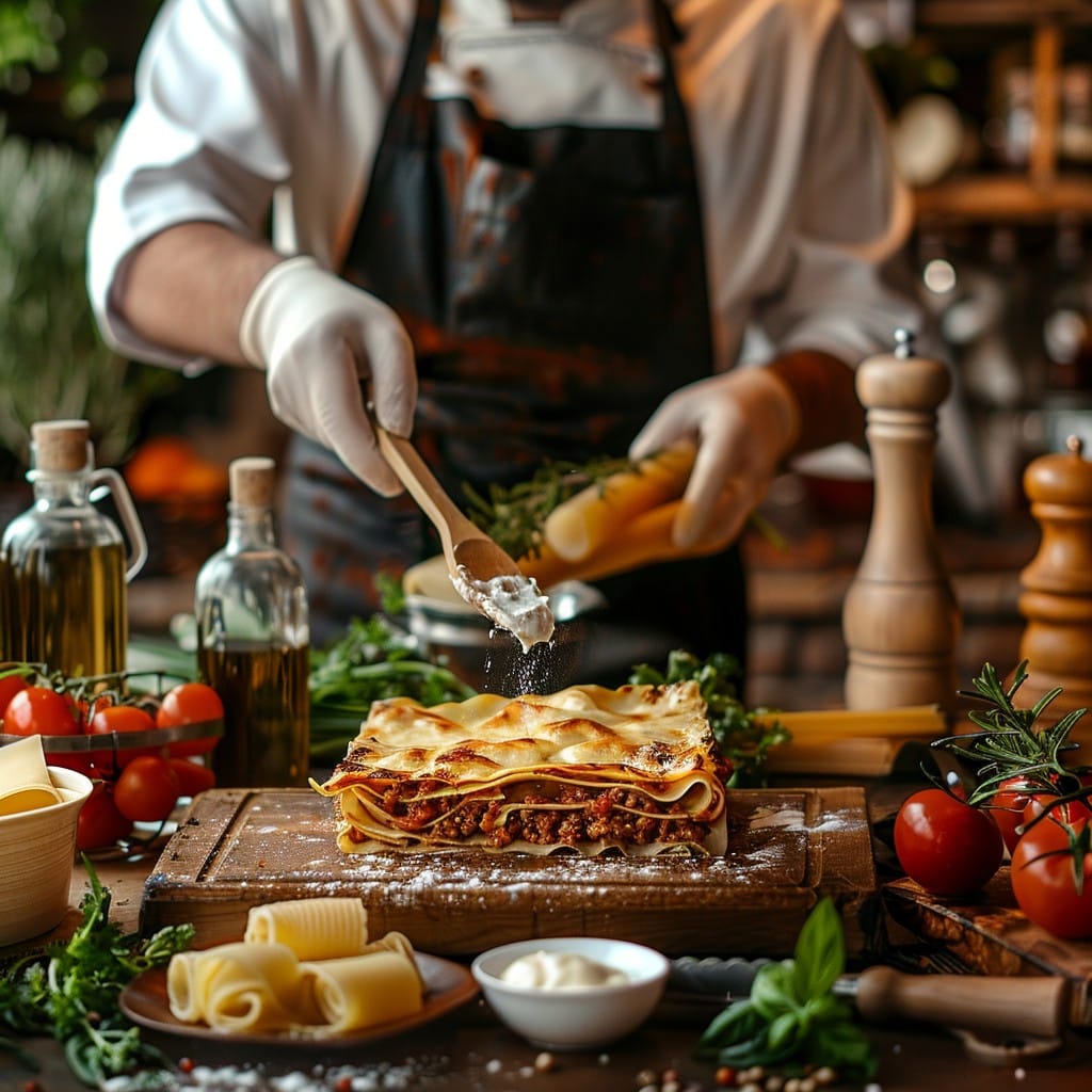 Chef preparando lasana para comida de eventos a domicilio en Bogota