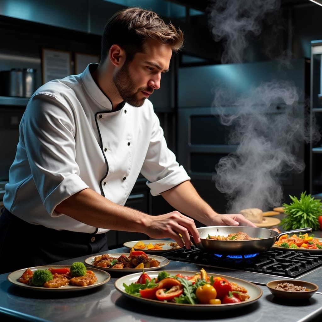 flameado en sartén durante una preparación de cocina en vivo