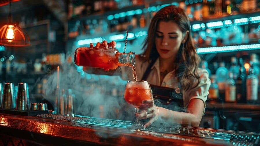 Bartender profesional preparando un cóctel en un evento en Bogotá