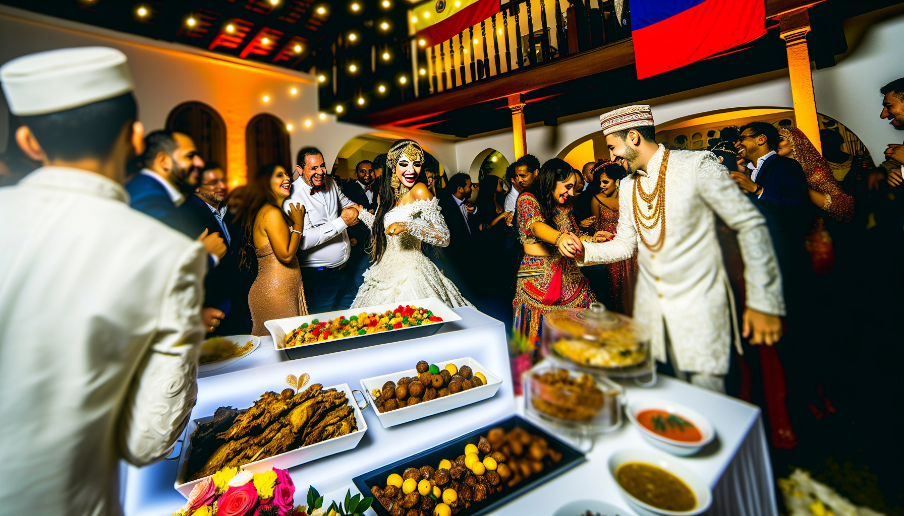 Pareja organizando los detalles de su matrimonio con planner y proveedor de buffet